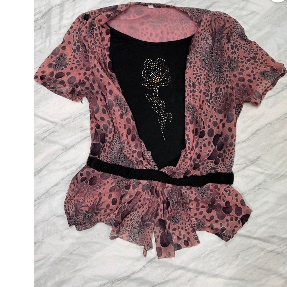 Vintage Y2K Pink Mesh Floral Layered Rhinestone Graphic Top Short Sleeve Pink L - Picture 1 of 4